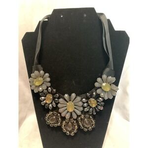 Pre-owned Black Grey Beaded Bib Necklace, From Talbots Cloth Cord Silver Tone